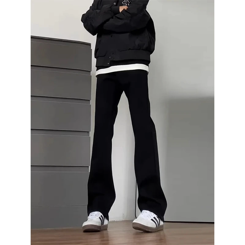 美式高街潮牌牛仔裤男春秋hiphop黑色弹力裤子修身直筒弯刀微喇裤