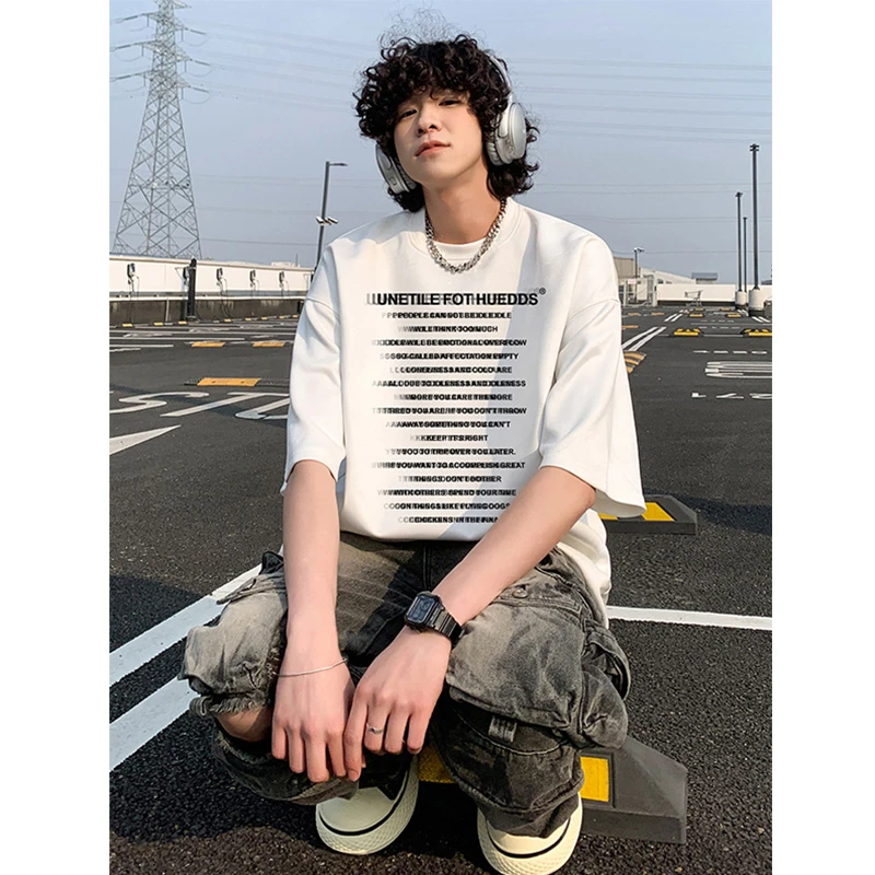 美式复古麂皮绒t恤男夏季字母印花短袖hiphop高街潮牌帅气半截袖