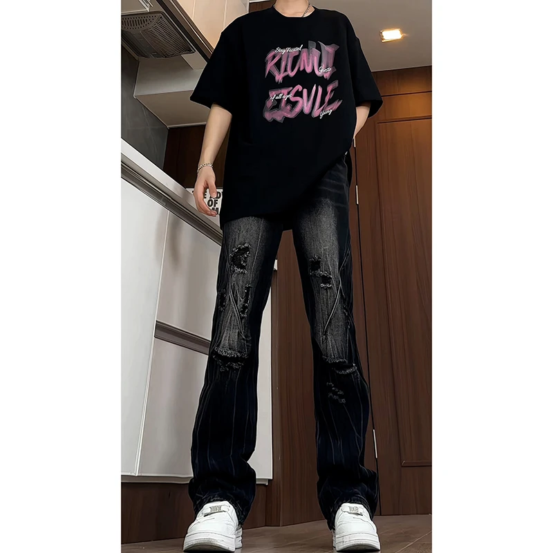 黑色破洞牛仔裤男款春季cleanfit美式高街裤子街头潮流痞帅直筒裤