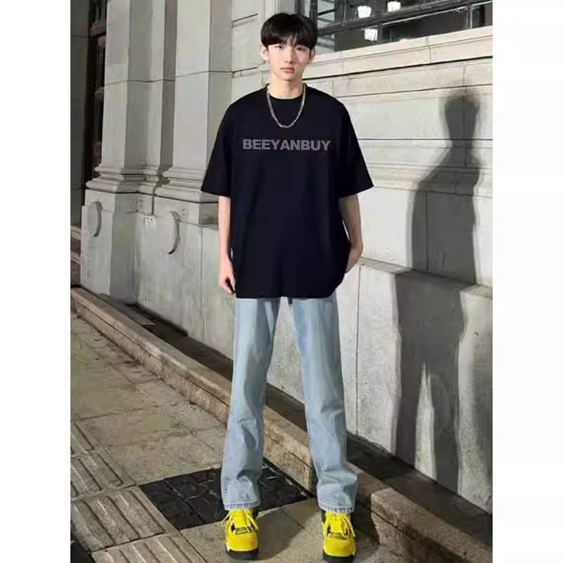 精梳棉小领口t恤男夏季青少年学生百搭短袖美式字母印花休闲半袖