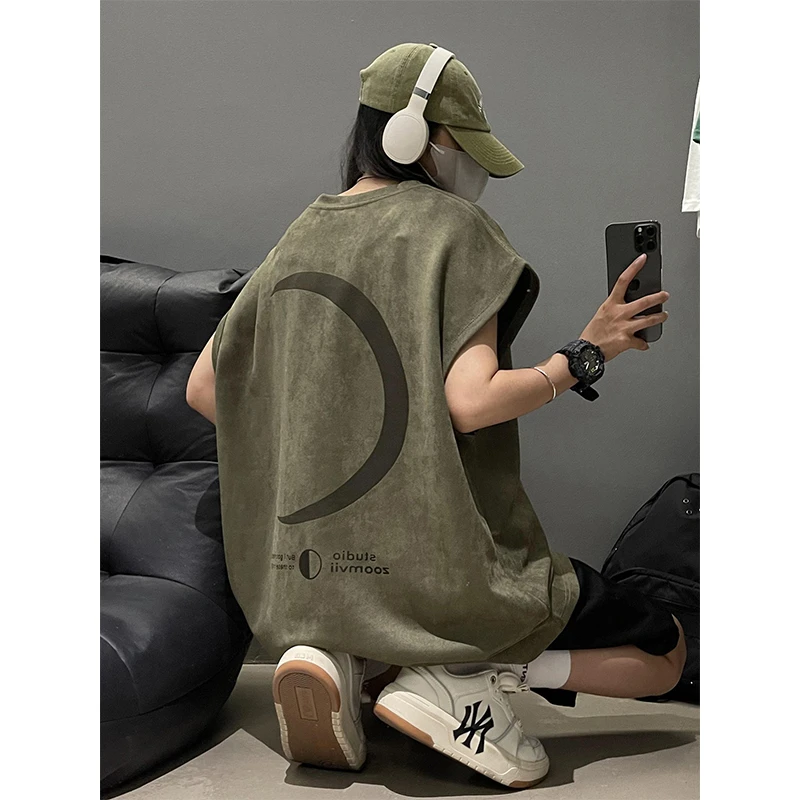 军绿色麂皮绒背心男夏季美式复古小领口无袖t恤ootd情侣坎肩汗衫