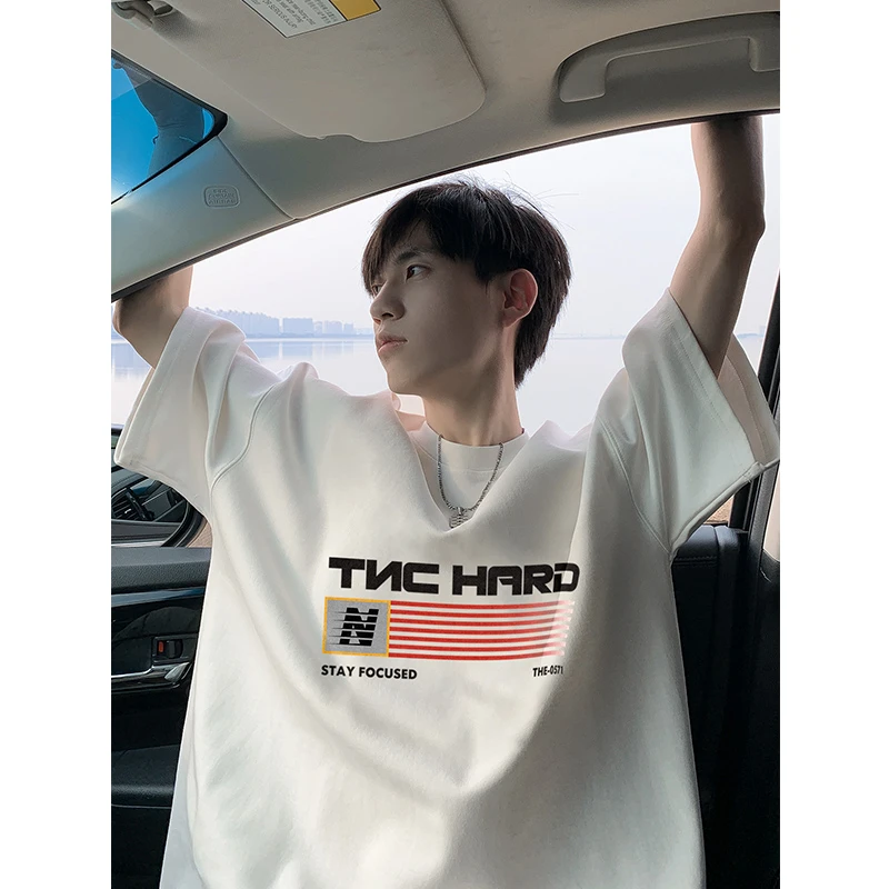 重磅小领口纯棉t恤男夏季字母印花美式潮牌短袖街头潮流嘻哈半袖