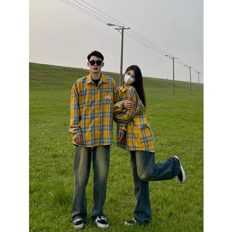 黄格子情侣款衬衫男长袖春秋设计感小众褂子潮牌日系工装休闲外套