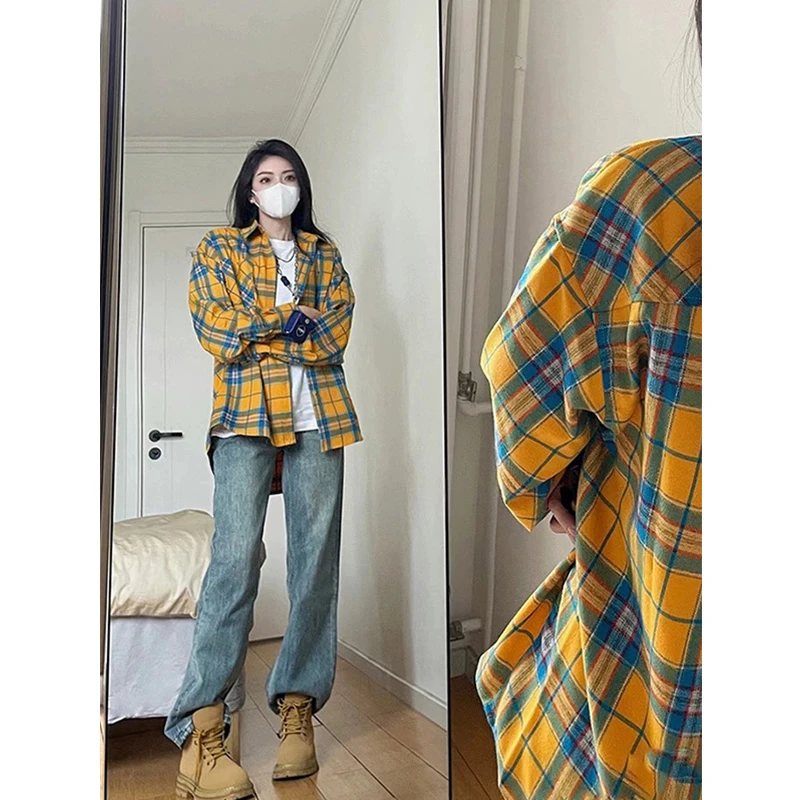 黄格子衬衫男长袖春秋日系cityboy工装衬衣港味百搭情侣学生外套