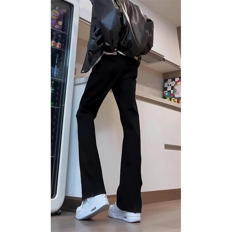 美式vibe高街裤子男款痞帅炸街黑色弹力牛仔裤修身显瘦弯刀微喇裤