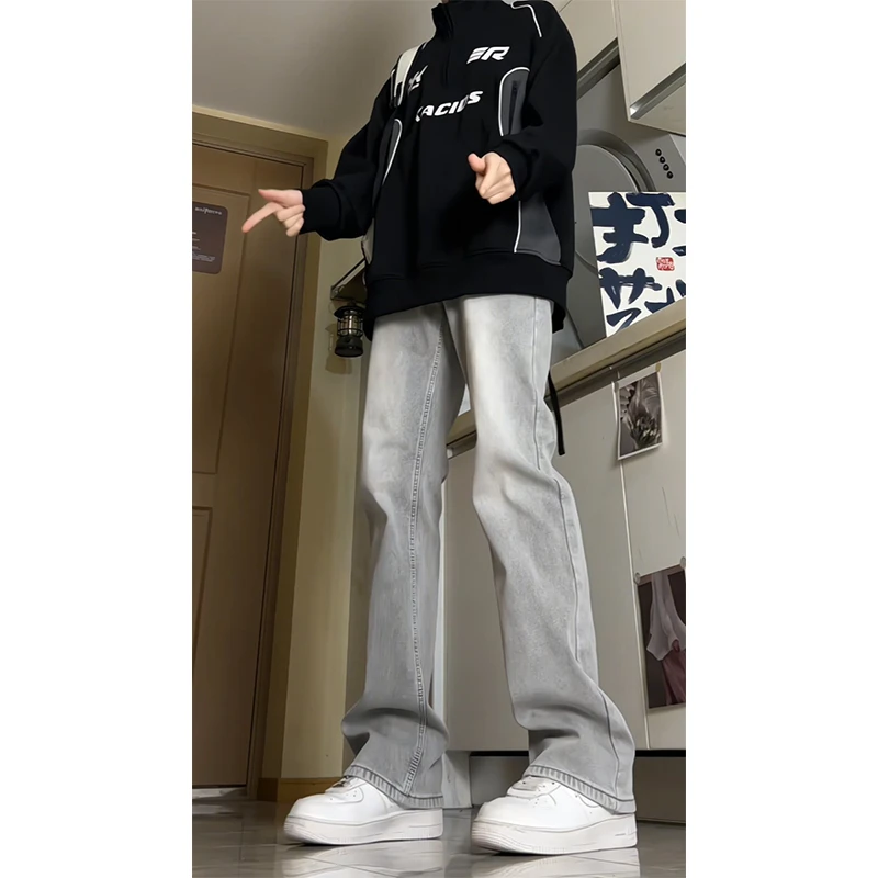 烟灰色微喇牛仔裤男2025春夏修身弹力vibe高街水洗cleanfit长裤子