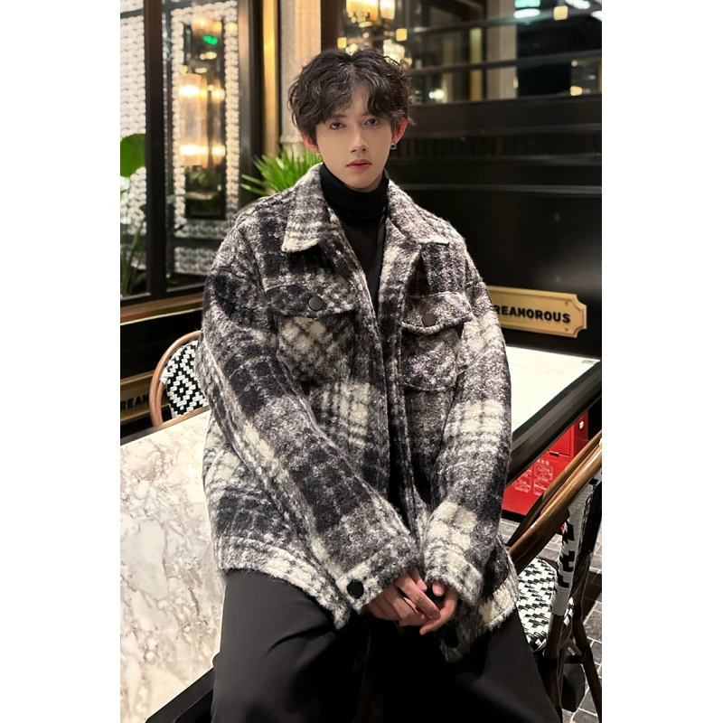 美式潮牌短款毛呢外套男款秋冬季复古格子夹克宽松休闲高级感上衣