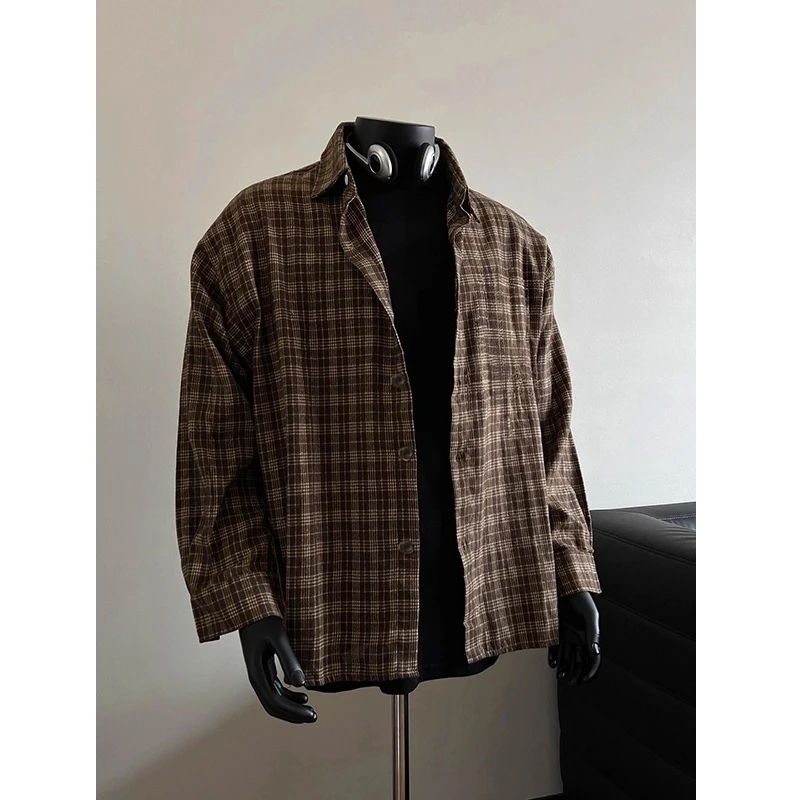 美式复古格子翻领衬衫男春秋vibe高街叠穿衬衣休闲百搭高级感外套