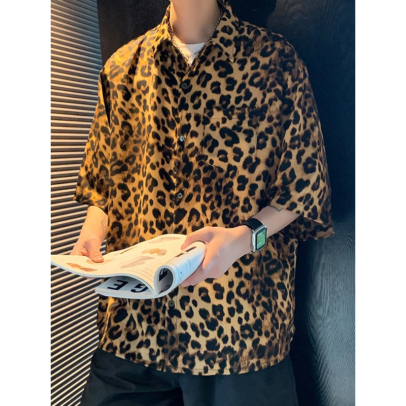 美式复古豹纹衬衫男士夏季潮牌痞帅高级感短袖上衣宽松休闲五分袖