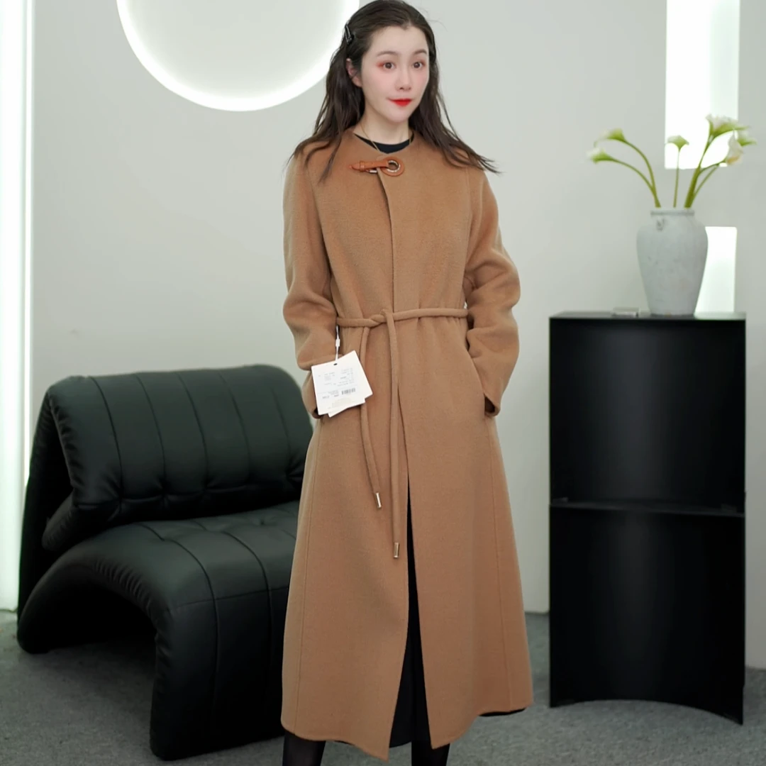 【小安老板】23D004气质骆驼绒山羊绒简约圆领设计师双面羊毛大衣