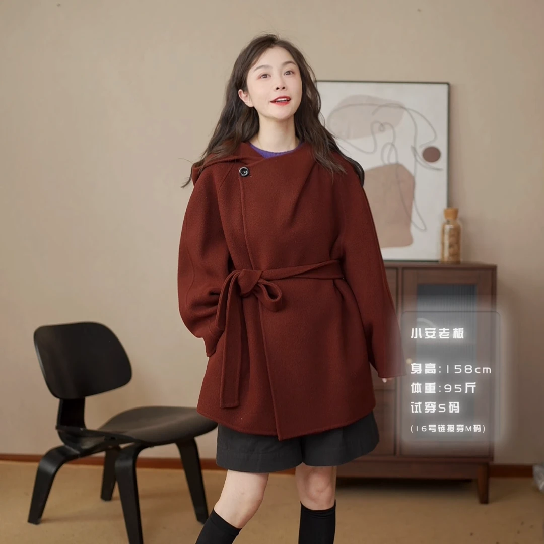 【小安老板】247551山羊绒绵羊毛双面高级感圆领大衣中长款气质