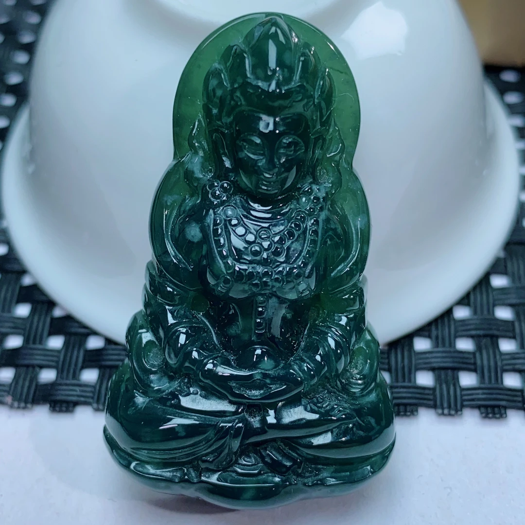满色飘花天然翡翠a货度母吊坠挂件