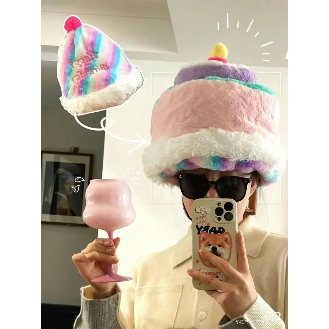 生日双面毛绒可爱翻帽子双面可带氛围创意装饰秋冬ins秋冬护耳帽