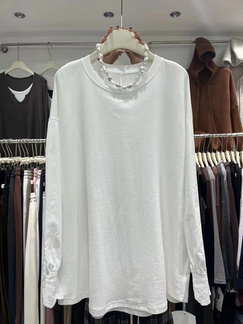 久熙家3863圆领休闲纯色百搭长袖T恤宽松大版型时尚设计感气质