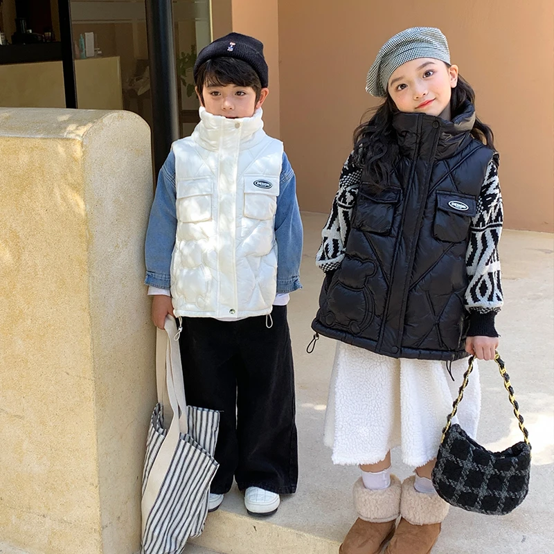 儿童棉马甲新款女大童加厚外穿背心秋冬季中大童棉服洋气小熊马夹