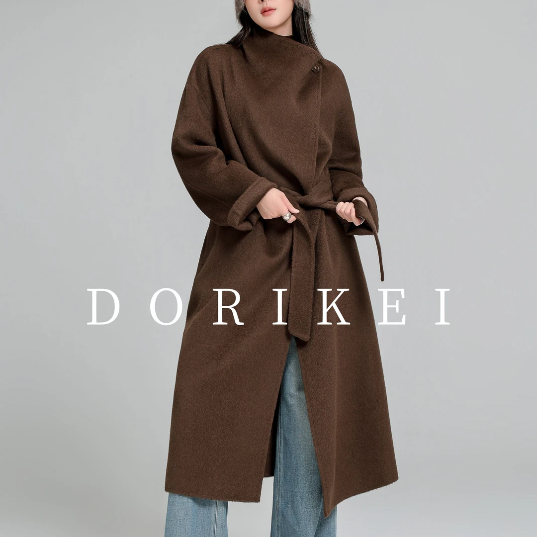 精选100%骆驼绒时尚立领可立领可大翻领双面长款驼绒大衣