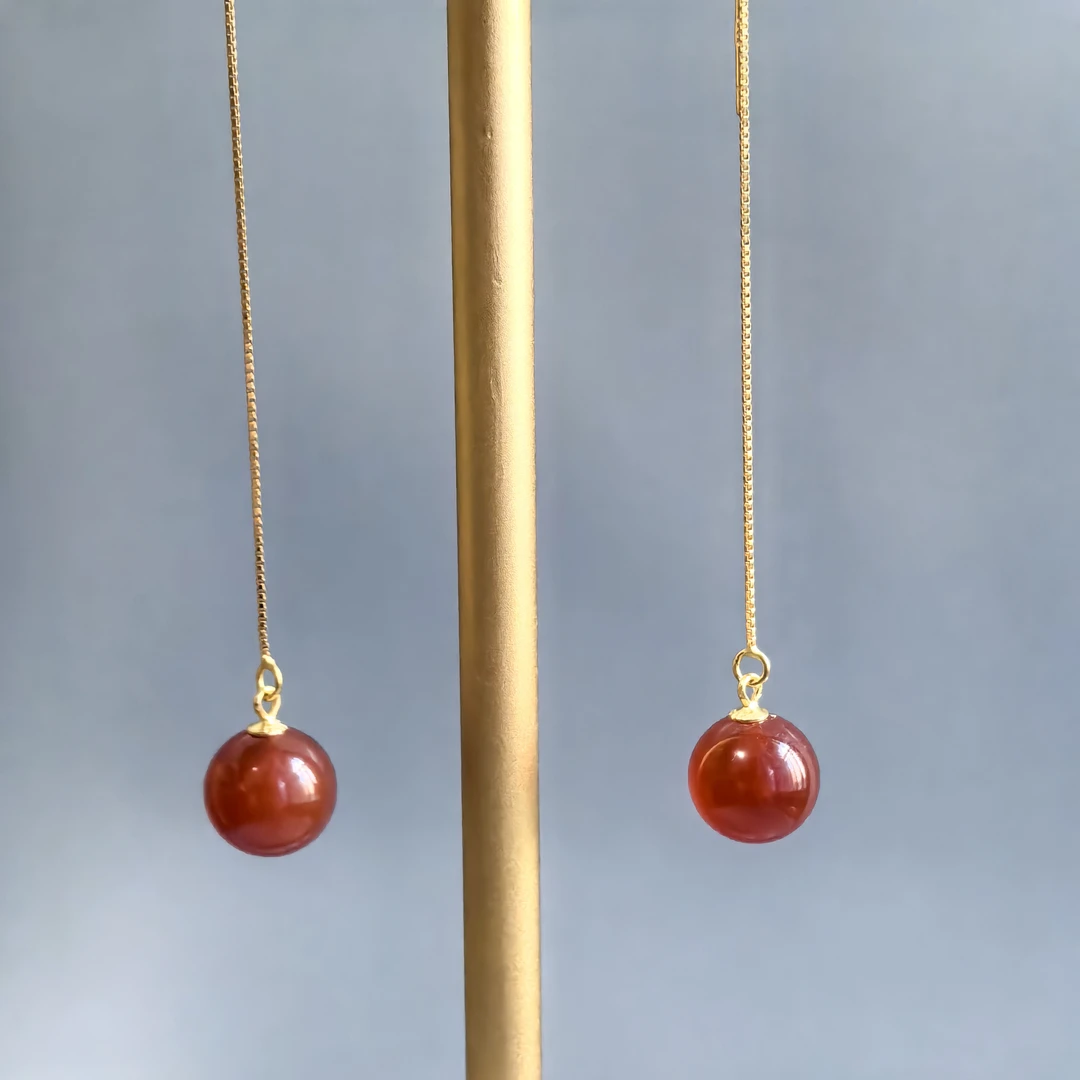 925银耳饰 红色10mm简约气质时尚百搭女款精致轻奢长款耳线耳饰