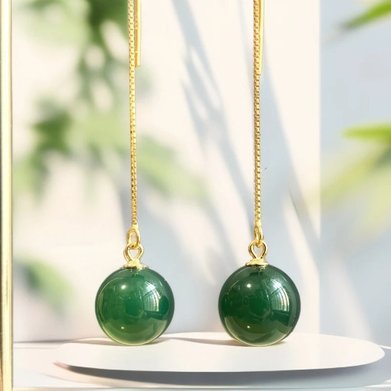 925银耳饰 绿色10mm简约气质时尚百搭女款精致轻奢长款耳线耳饰