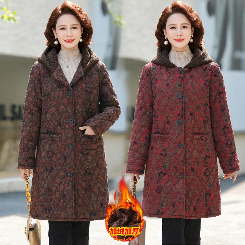 妈妈冬季冬装棉衣加绒加厚款休闲中老年奶奶中长款保暖连帽外套