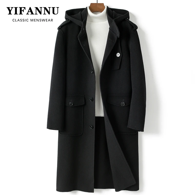 秋冬季100%羊毛双面呢大衣男士长款连帽宽松风衣无羊绒毛呢外套冬