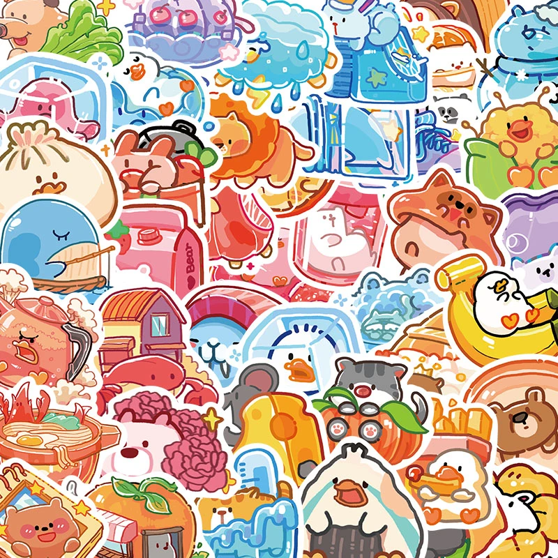 原创50张动物缤纷乐卡通贴纸可爱自粘手账手机壳水杯ipda防水贴画