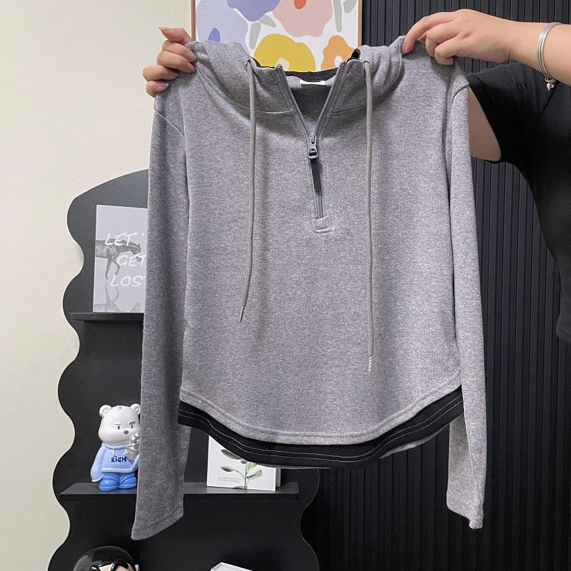 HONG JIA LIN/虹嘉琳秋冬新款拼接撞色连帽卫衣大码显瘦长袖上衣