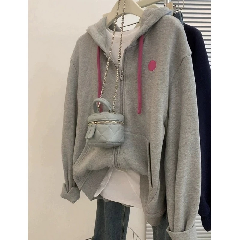 HONG JIA LIN/虹嘉琳灰色连帽卫衣外套春秋新款休闲大码拉链开衫