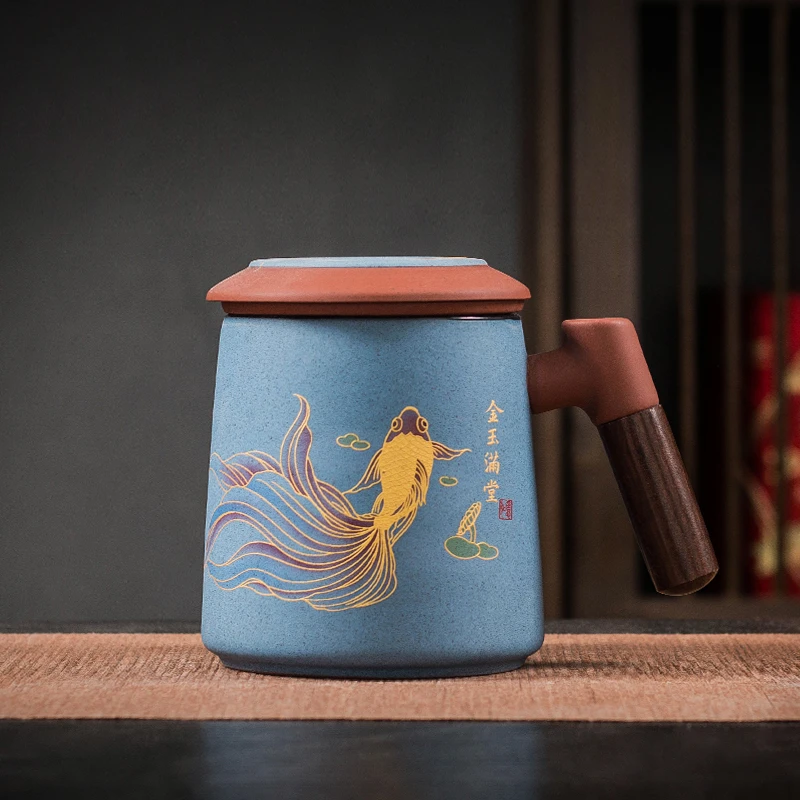 紫砂马克杯带盖过滤泡茶水杯办公室大容量茶杯赠送礼盒可定制logo