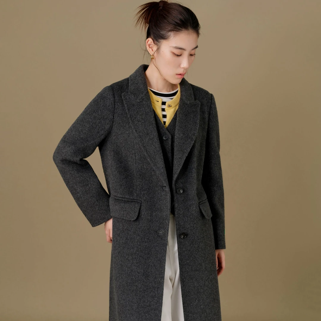 独束微胖M大码女装复古假两件长款绵羊毛呢大衣24DS84132