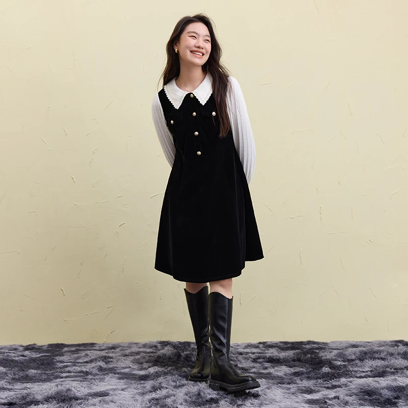 独束微胖大码女装休闲气质修身显瘦款黑色时尚连衣裙24DS84469