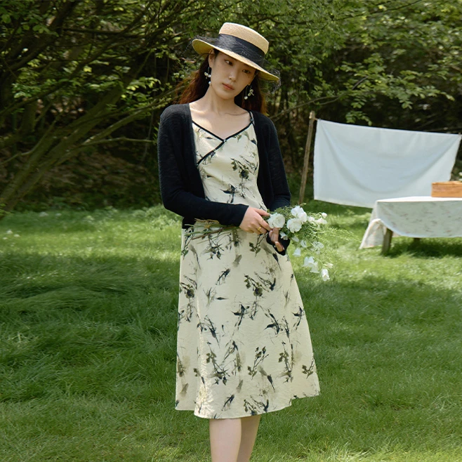 独束M大码女装【双花色选】新中式斜襟碎花吊带国风连衣裙24DS82565