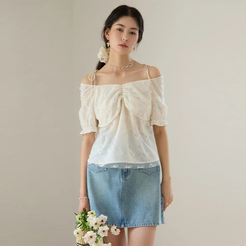 独束大码女装甜美减龄法式小衫两穿领型轻盈浪漫网纱T恤24DS82572