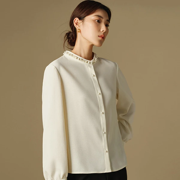 独束大码女装时尚百搭优雅立领宽松直筒版衬衫长袖t恤女24DS84475