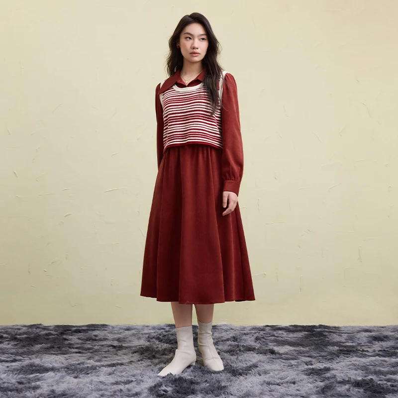 独束微胖大码女装新款连衣裙套装条纹针织背心两件套24DS84595