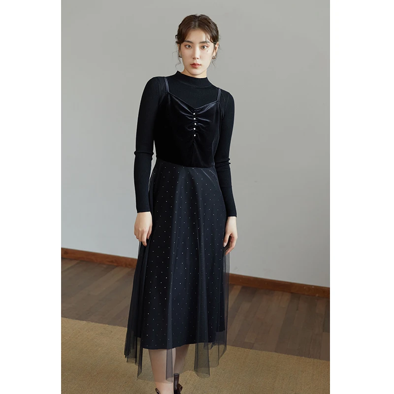 独束大码女装气质网纱高腰半身裙胖MM拼接丝绒连衣裙21DS3512