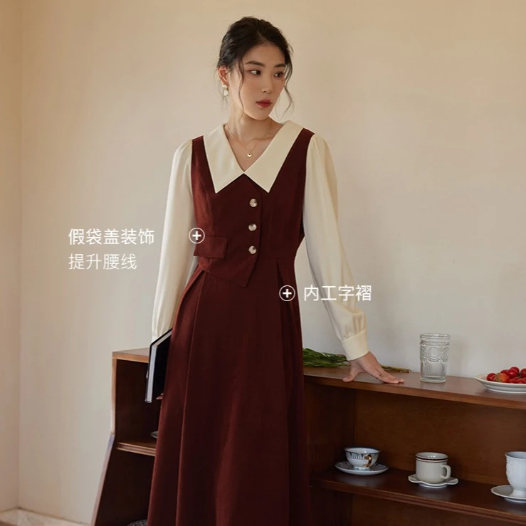 独束微胖大码女装假两件高腰显瘦遮肉长袖连衣裙22DY4410/84440