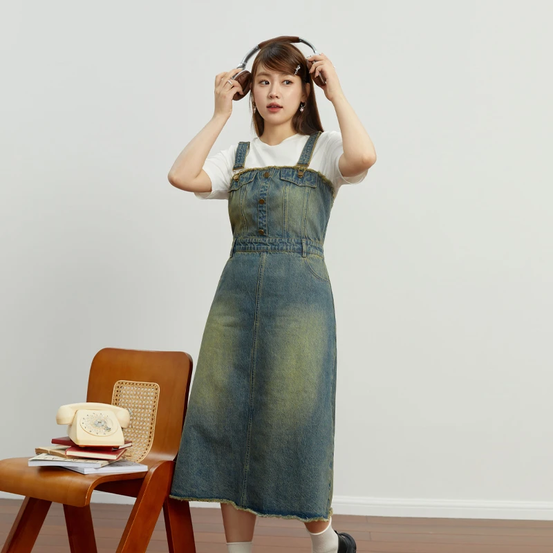 独束微胖MM大码女装千禧风牛仔背带连衣裙高腰显瘦A字裙23DS83160