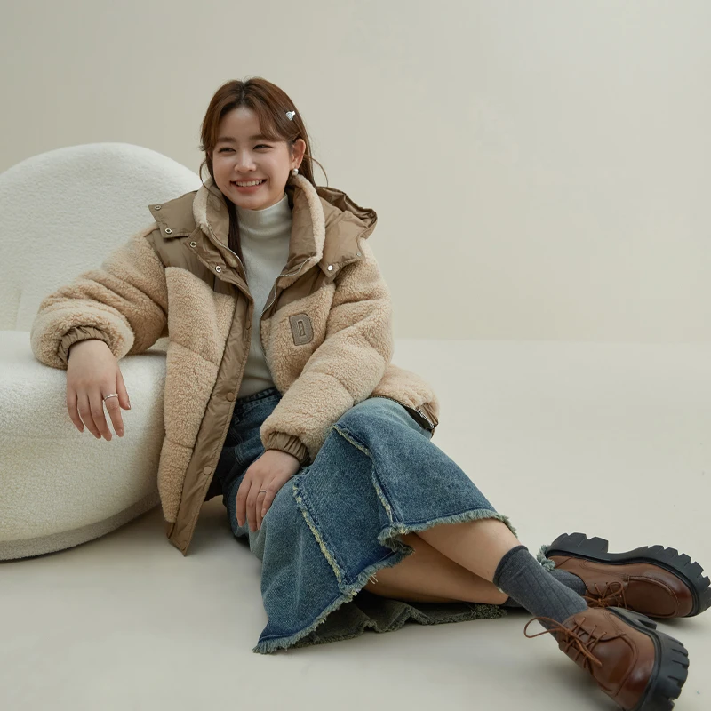独束微胖MM大码女装颗粒毛拼接羽绒服百搭显瘦毛绒外套23DS84050