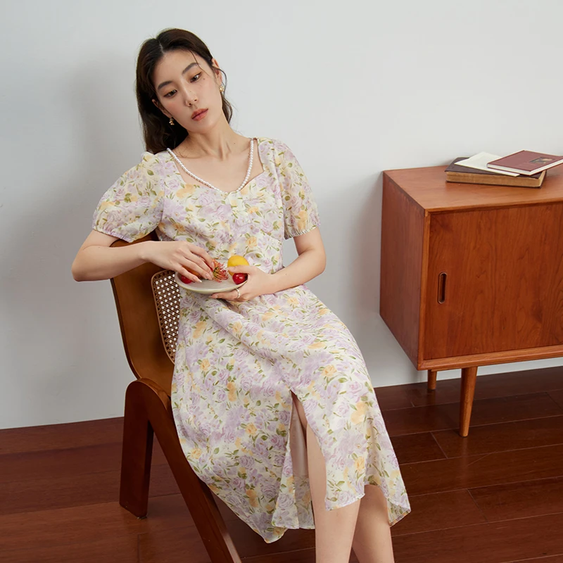 独束微胖MM大码女装法式温柔碎花连衣裙气质方领显瘦裙23DS82398