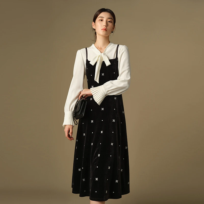 独束微胖大码女装显瘦连衣裙法式刺绣丝绒吊带连衣裙24DS84394