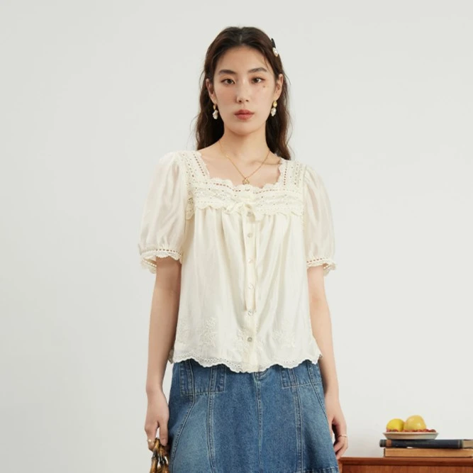 独束微胖MM大码女装法式甜美蕾丝花边浪漫小衫气质上衣23DS82616
