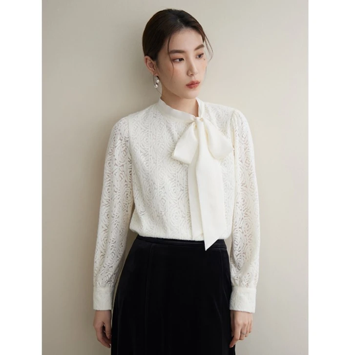 独束大码女羽纱优雅立领小衫冬蝴蝶结宽松衬衫气质上衣23DS84489