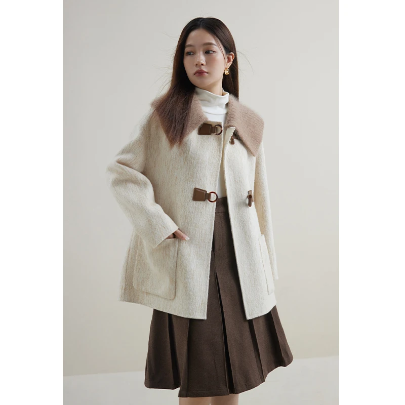 独束微胖MM大码女装牛角扣宽松毛呢大衣毛呢大衣23DS84304