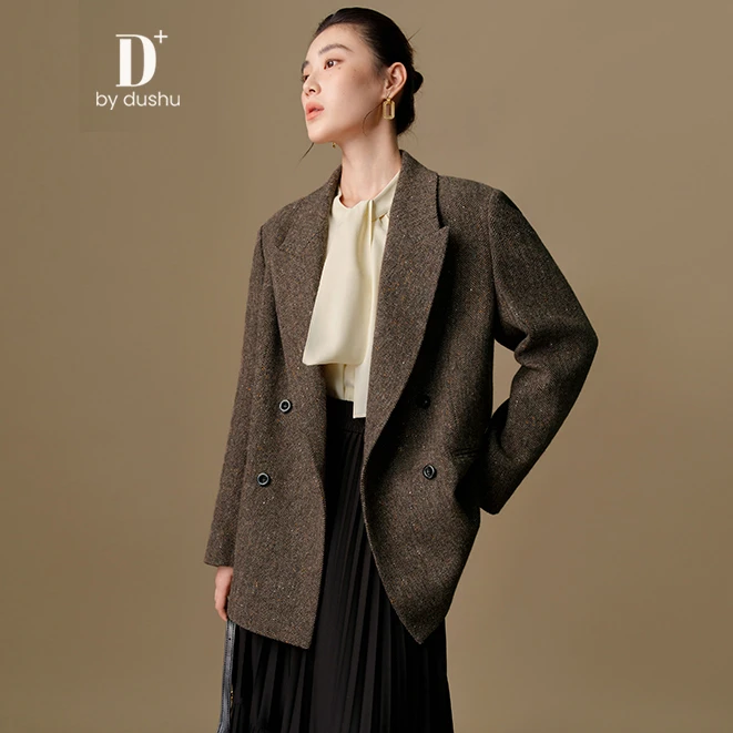 独束微胖M大码女装【D+系列】复古棕大衣西装外套24DH84019