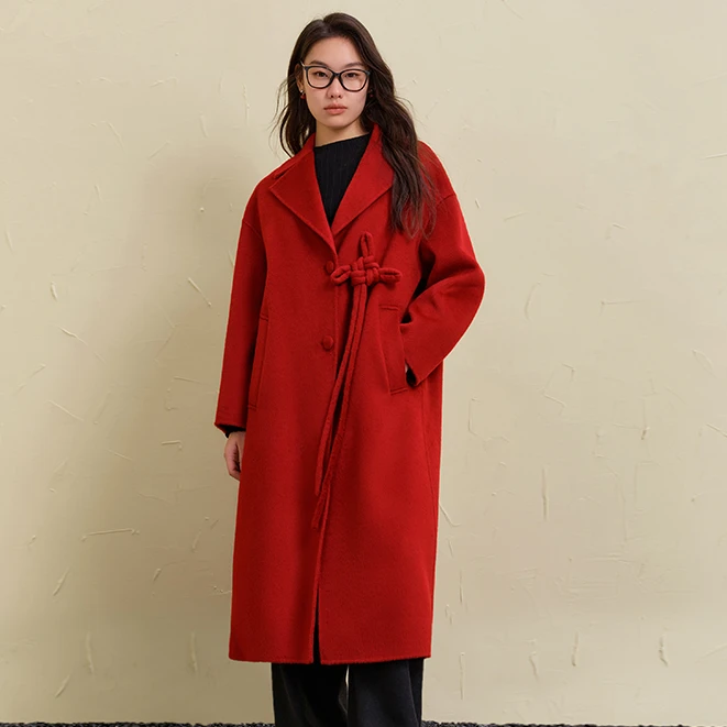 独束微胖大码女装双面呢大衣红色中国结冬季毛呢外套24DS84619
