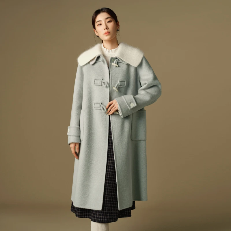 独束微胖大码女装可拆卸毛织领牛角扣100%羊毛呢大衣24DS84412