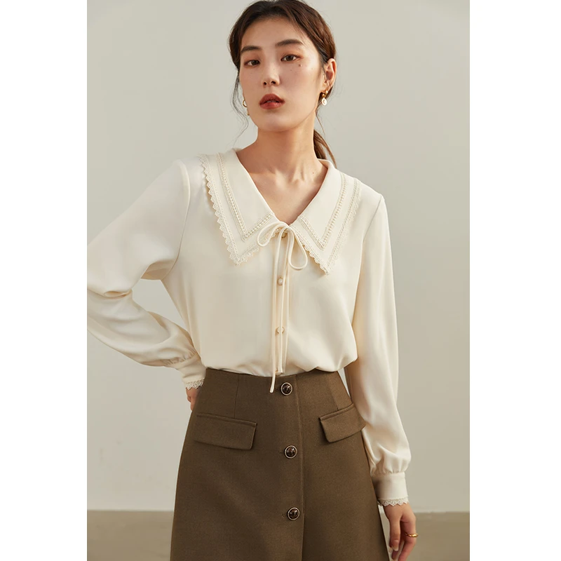 独束胖MM大码女装甜美蕾丝翻领系带衬衫显瘦时尚白色衬衣22DS4251