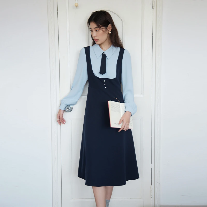 独束M大码女装百搭气质感假两件学院风衬衫连衣裙24DS81195/81196