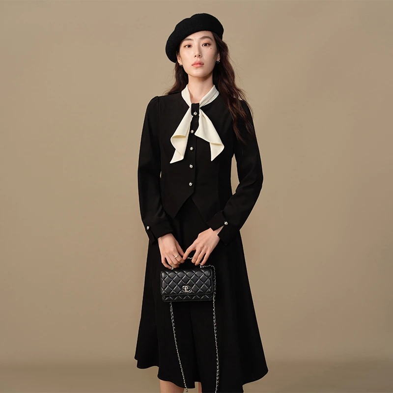 独束微胖M大码女装简约撞色假两件通勤风气质百搭连衣裙24DS84292