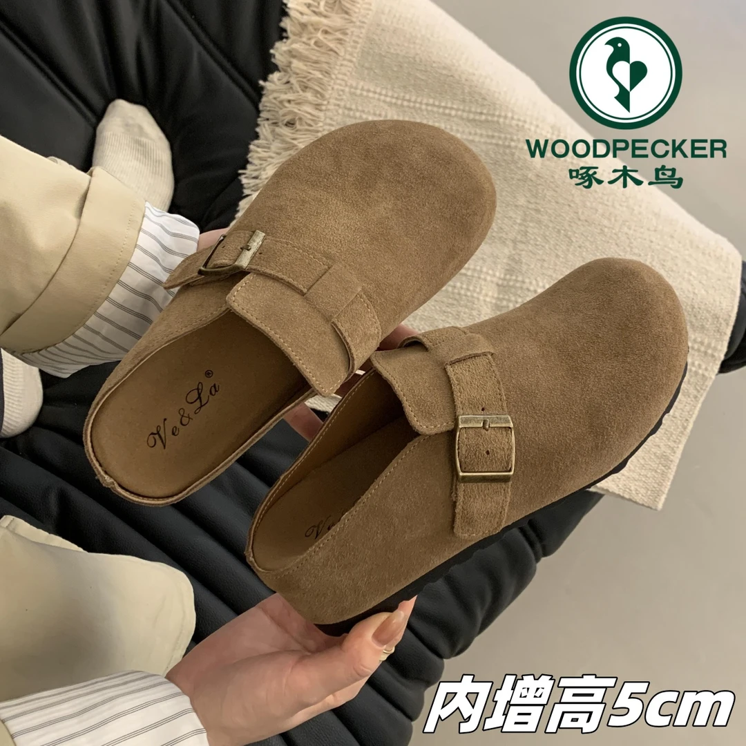 啄木鸟小个子内增高5cm勃肯鞋包头半拖鞋法式秋冬季一脚蹬单鞋女